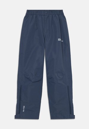 Calças impermeáveis azul marinho com cintura elástica, laterais com fecho éclair e um pequeno logótipo "Texapore" na coxa esquerda. Textura suave.