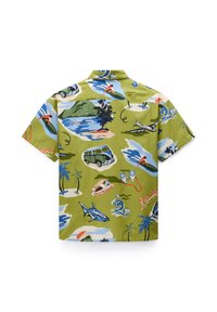 Green short-sleeve shirt with tropical prints including surfer, shark, airplane, camper van, palm trees, waves, and binoculars.