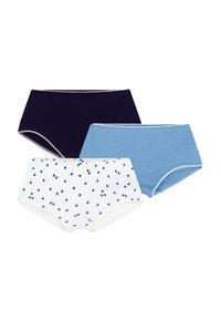 Tre paia di mutande di cotone in blu navy, azzurro e bianco con piccole pois blu; presentano una cucitura decorativa lungo i bordi.