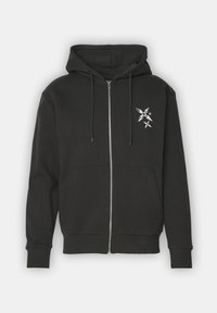 Felpa nera con zip realizzata in misto cotone. Presenta un cappuccio regolabile con cordino, tasche frontali e una grafica bianca sul lato sinistro del petto.