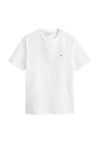 Schlichtes weißes T-Shirt mit kurzen Ärmeln und Rundhalsausschnitt, mit kleinem gesticktem Logo auf der linken Brust.