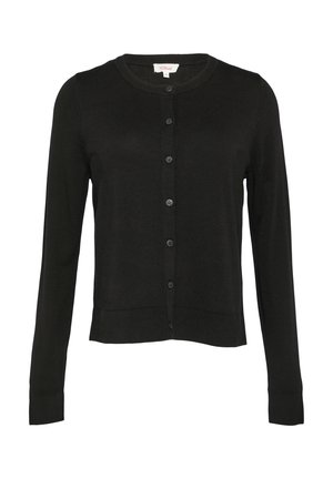 Schwarzer Langarm-Cardigan mit Rundhalsausschnitt, Knopfleiste, gerippten Bündchen und geradem Saum aus einem weichen, strukturierten Stoff.