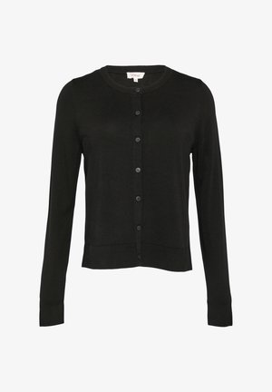 Black long-sleeve cardigan featuring a round neckline, button front, ribbed cuffs, and a straight hemline with a soft, textured fabric.