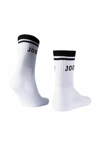 Hvide sportsstrømper med en sort ribbet kant, der har to sorte striber og teksten "JOO" strikket på siden. Letvægts, sømløst design.
