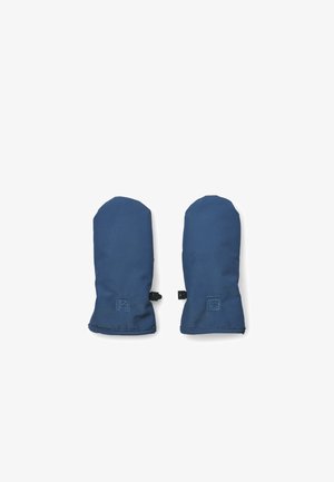 Zili cimdi, izgatavoti no mīksta, siltināta auduma ar gludu tekstūru. Ievērojama apaļa forma un regulējama stiprinājuma cilpa.