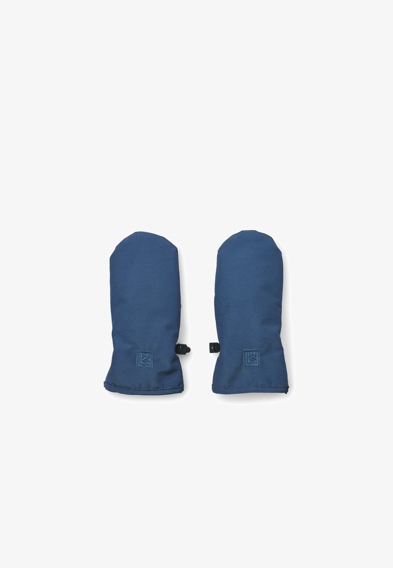 Blaue Fäustlinge aus weichem, isoliertem Stoff mit einer glatten Textur. Sie haben eine abgerundete Form und einen verstellbaren Klettverschluss.