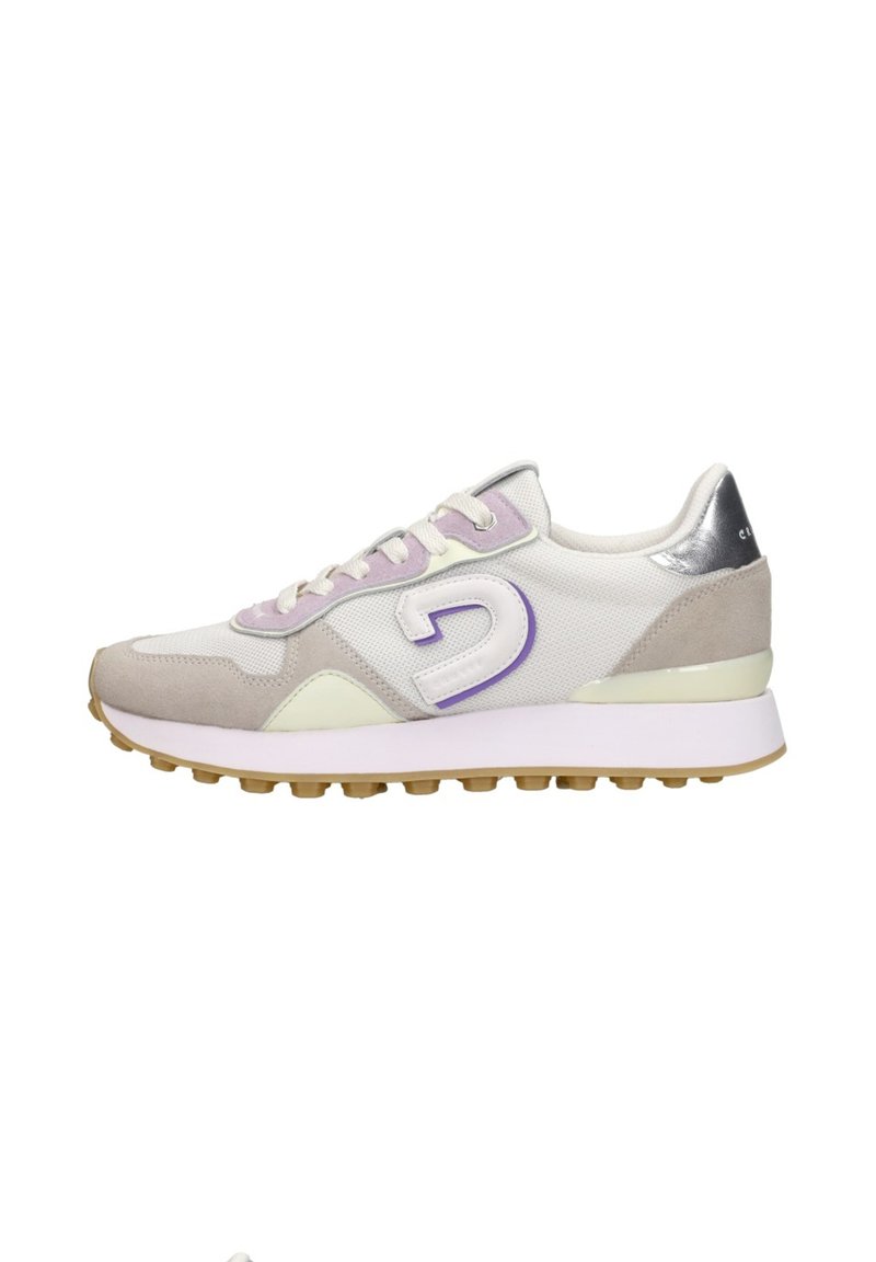 Sneaker featuring a mesh and suede upper in light gray and lavender, metallic silver accents, thick white sole with a gum outsole, lace closure.