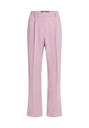 Lichtroze, op maat gemaakte broek met rechte pijpen, voorplooien en een tailleband. Gladde stof met een subtiele glans.