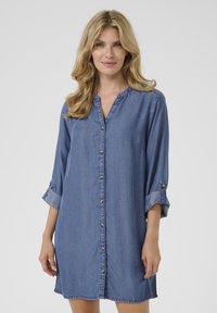 Denim Hemdblusenkleid, hellblau, durchgehend mit Knöpfen, V-Ausschnitt, Dreiviertelärmel mit Rolltab, weicher Stoff, lässiges Design, knielang.