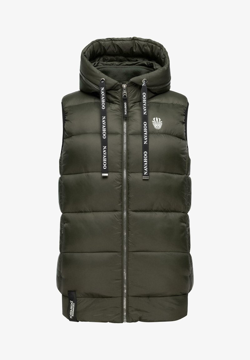 Green puffer vest with a hood, front zipper, and black accent drawstrings. Features a logo on the chest and quilted texture.