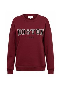 Bordeaux sweatshirt met "BOSTON" in grote zwarte letters en "1991" eronder. Zachte textuur, ronde hals, en geribbelde manchetten en onderrand.