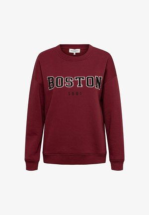 Bordeaux sweatshirt met "BOSTON" in grote zwarte letters en "1991" eronder. Zachte textuur, ronde hals, en geribbelde manchetten en onderrand.