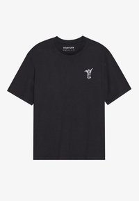 Schwarzes Baumwoll-T-Shirt mit rundem Halsausschnitt und kurzen Ärmeln, das ein kleines weißes grafisches Design auf der linken Brust zeigt.