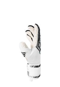 Keepershandschoen met een zwart-wit design. Getextureerde siliconen grip op de vingers, gepolsterde palm en een elastische polsband voor een veilige pasvorm.