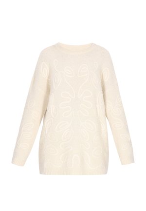 Cremfarbener Strickpullover mit floralem Stickmuster, Rundhalsausschnitt und langen Ärmeln. Mit gerippten Bündchen und Saum.