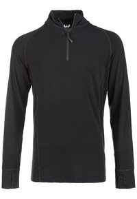 Zwarte langwerpige pullover met een halve rits kraag, voorzien van raglanmouwen en duimgaten in de manchetten. Gemaakt van soepele, lichte stof.