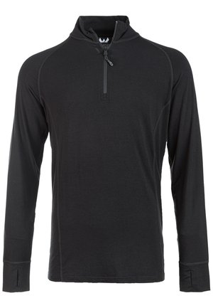 Schwarzer Langarm-Pullover mit halbseitigem Reißverschlusskragen, der Raglanärmel und Daumenlöcher hat. Hergestellt aus glattem, leichtem Stoff.