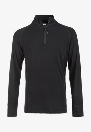 Sort langærmet pullover med halv-zips krave, der har raglanærmer og tommelhulsmuffer. Fremstillet af glat, let stof.