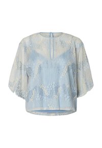 Svetlo modra čipkasta bluza z ohlapnim krojem, kratkimi rokavi, okroglim izrezom in odprtjem na hrbtu. Nežen vzorec po celotni bluzi.