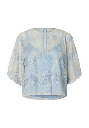 Lichtblauw kanten blouse met een losse pasvorm, korte mouwen, een ronde hals en een keyhole sluiting aan de achterkant. Fijn patroon overal.
