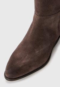 Bottine en daim marron à bout pointu, texture lisse, design minimal et semelle plate. Pas de matériel ou d'accents visibles.