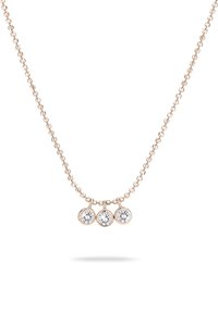 Rosen-guld halskæde med en perlekæde og tre runde klare gemstones vedhæng, hver sat i en enkel cirkulær bezel.