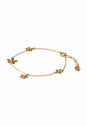 Brățară delicată din lanț de aur, cu cinci pandantive mici în formă de floare, distribuite uniform, și un cârlig tip lobster cu o prelungire de lanț care se termină cu un pandantiv în formă de floare.