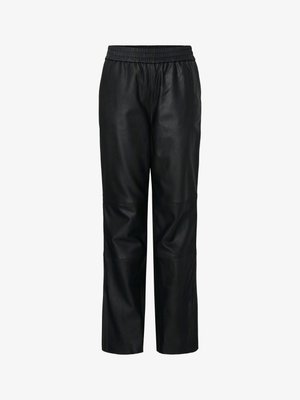 Pantaloni in pelle nera con vita elastica, design strutturato, gambe larghe, texture liscia e cuciture e dettagli a pannello visibili.