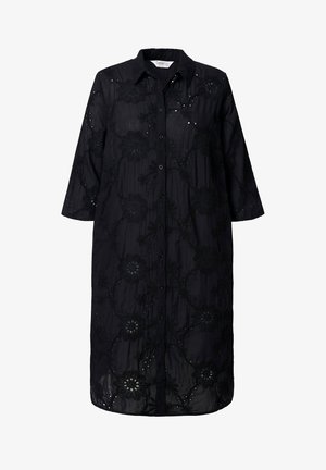 Schwarzes, knielanges Hemdkleid mit aufwendiger Blumenstickerei, halbtransparenter Textur, Knopfleiste vorne und drei Viertel langen Ärmeln.