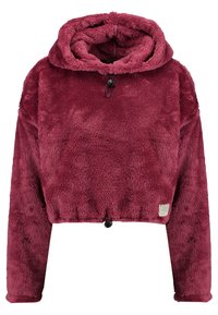 Sudadera con capucha corta de forro polar color granate, con mangas largas y cordones ajustables en la capucha y el dobladillo, con una pequeña etiqueta en la parte inferior derecha.