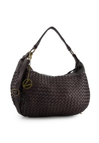 Dark brown woven leather handbag with a rounded shape. Features a shoulder strap and a metal charm attached by a chain.