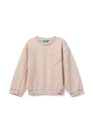 Felpa a maniche lunghe rosa chiaro con un cuore ricamato sul lato sinistro del petto e polsini e orlo elasticizzati, etichettata United Colors of Benetton.