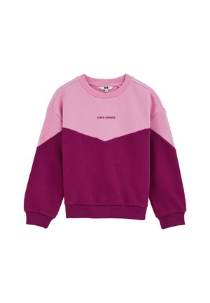 Sweatshirt en rose clair et violet foncé. Présente un design en chevrons avec "AMOUR TOUJOURS" brodé au centre. Col et poignets côtelés.