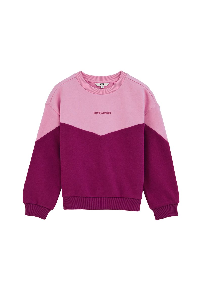 Sweatshirt i ljusrosa och mörklila. Har en chevrondesign med "LOVE ALWAYS" broderat i mitten. Ribbad halsringning och ärmslut.