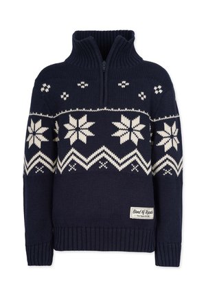 Granatowy sweter dziergany z białymi wzorami płatków śniegu, kołnierz na pół suwaka, ściągacze przy rękawach i u dołu, oraz mała materiałowa metka z logo marki z przodu.