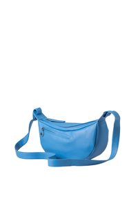 Blaue Lederbauchtasche mit glatter Textur, kurvenreicher Form und verstellbarem Gurt. Verfügt über eine Vorderreißverschlusstasche und einen oberen Reißverschluss.