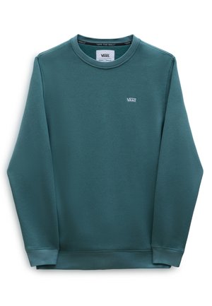 Sweat-shirt Vans à manches longues couleur sarcelle avec col rond et petit logo Vans blanc sur la poitrine gauche, posé à plat sur fond blanc.
