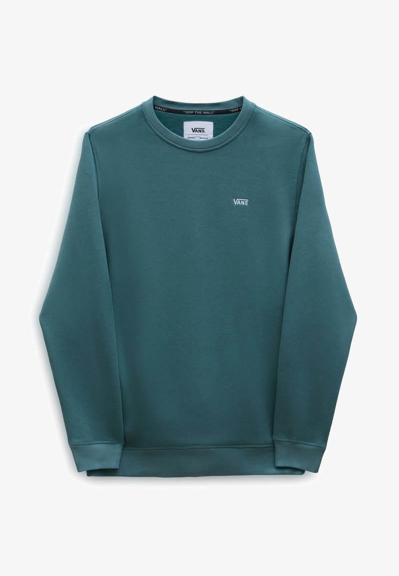 Sweat-shirt Vans à manches longues couleur sarcelle avec col rond et petit logo Vans blanc sur la poitrine gauche, posé à plat sur fond blanc.