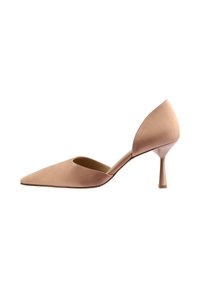 Naakte pump met hoge hak, puntige neus en een uitsnijding aan de zijkant. Gemaakt van glad materiaal, met een slanke hak en minimalistische accenten.