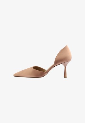Nude high-heel pump with a pointed toe and a cut-out side design. Made of smooth material, featuring a slender heel and minimalistic accents.