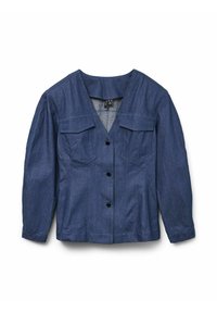 Giacca di jeans con maniche lunghe, scollatura a V profonda, due tasche sul petto e bottoni neri. Presenta una vestibilità leggermente ampia e una texture liscia.