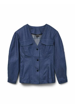 Denim jakk pikad varrukad, sügava V-kaelusega, kahte rinna taskut ja musti nööpe. Omab veidi lõdva istuvust ja siledat tekstuuri.