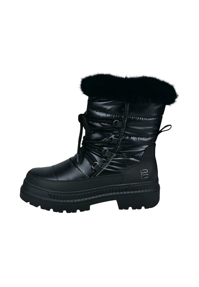 Schwarzer isolierter Winterstiefel mit glänzendem Obermaterial, Kragen aus Kunstfell, verstellbaren Schnüren und einer strukturierten Gummisohle für Traktion.