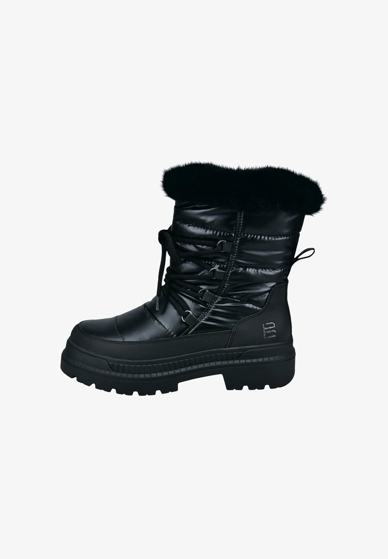 Schwarzer isolierter Winterstiefel mit glänzendem Obermaterial, Kragen aus Kunstfell, verstellbaren Schnüren und einer strukturierten Gummisohle für Traktion.