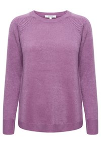 Lila langärmliger Pullover aus weichem, strukturiertem Stoff mit klassischem Rundhalsausschnitt und gerippten Akzenten an den Bündchen und dem Saum.
