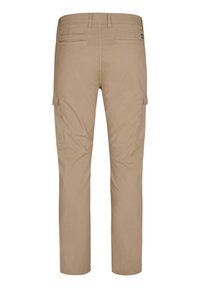 Beige cargo bukser med flere lommer, lavet af et glat stof, med en lige skæring og en talje med bæltestropper.