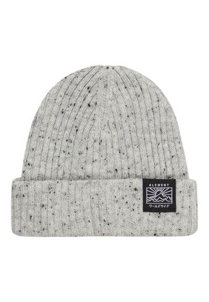 Szary dziany czapka beanie o prążkowanej fakturze i czarnych plamkach. Posiada złożony mankiet oraz metkę z logotypem z przodu.