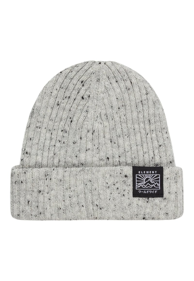 Beanie grigia lavorata a maglia con texture a coste e macchie nere. Presenta un risvolto e una patch con il marchio sul davanti.