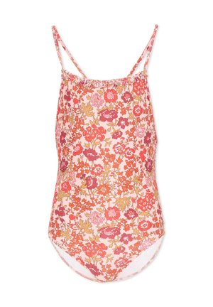 Costume intero con motivo floreale, con spalline sottili in tonalità di rosa, rosso e arancione su uno sfondo rosa chiaro.