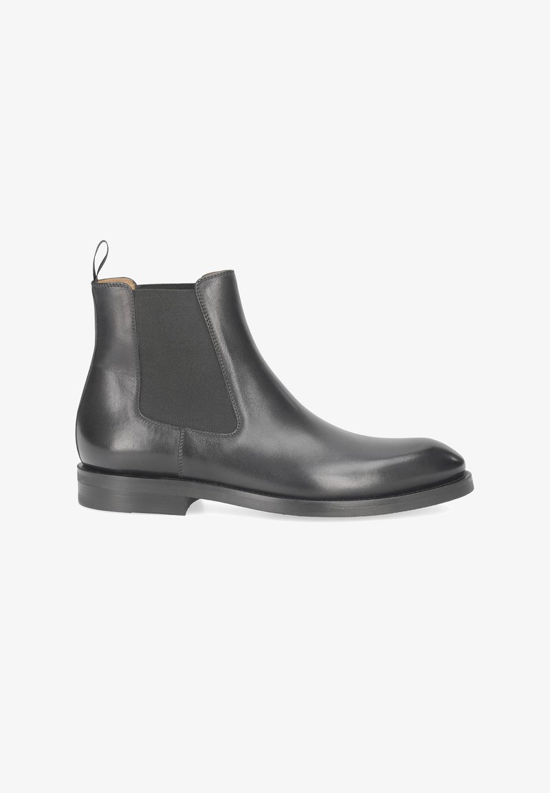 Schwarzer Chelsea-Stiefel aus Leder mit elastischen Seitenteilen und Zuglasche. Abgerundete Spitze und eine niedrigprofilige Gummisohle. Glatte Textur überall.